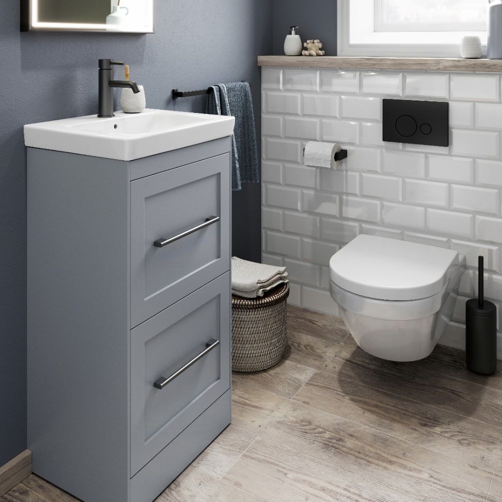 Product Lifestyle image of the Abacus Concept Shaker Stone Grey 450mm Basin & Freestanding Vanity Unit